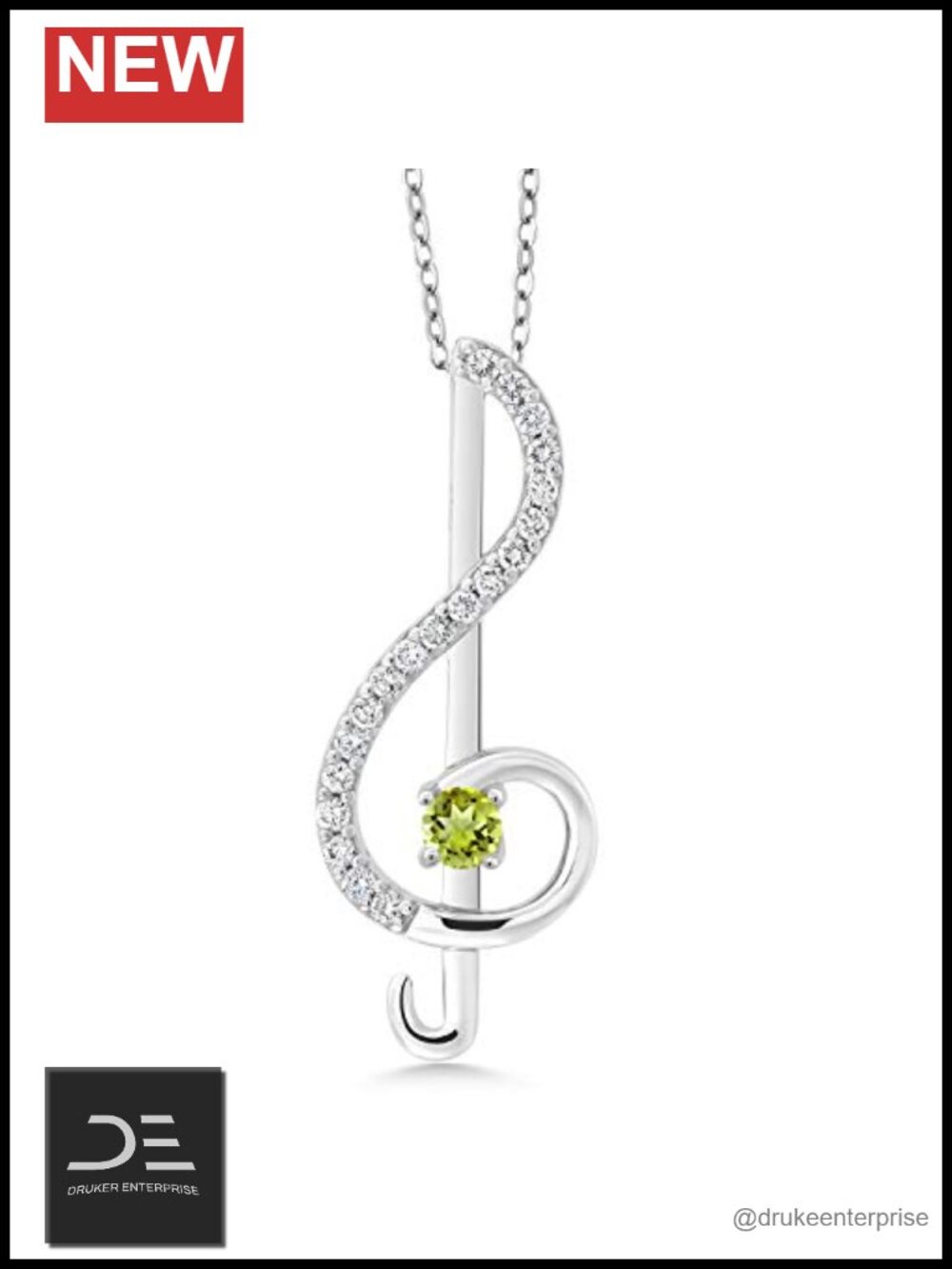 Sterling Silver Treble Clef Music Note Pendant Necklace with Green Peridot